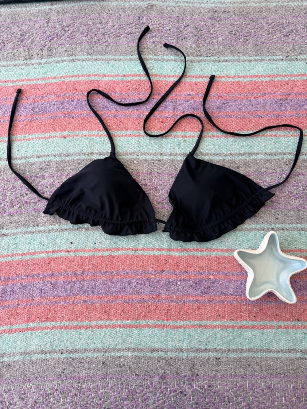 Black Ruffle Triangle Bikini Top Tie Strap Small Removable Pads